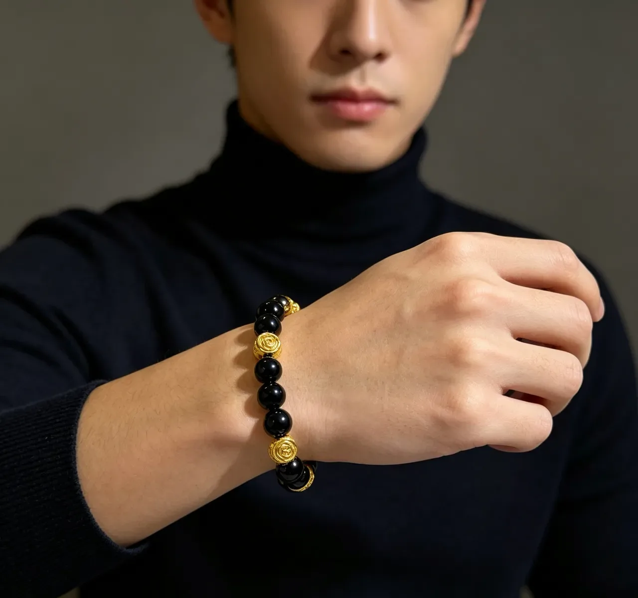 Gucci Rose Motif Black Gold Beads Polished Bracelet 2