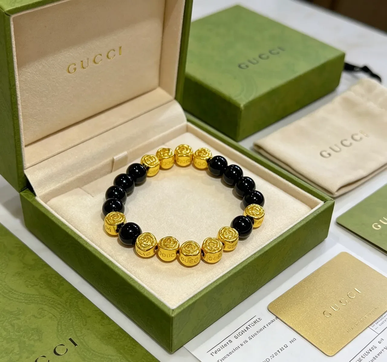Gucci Rose Motif Black Gold Beads Polished Bracelet 3
