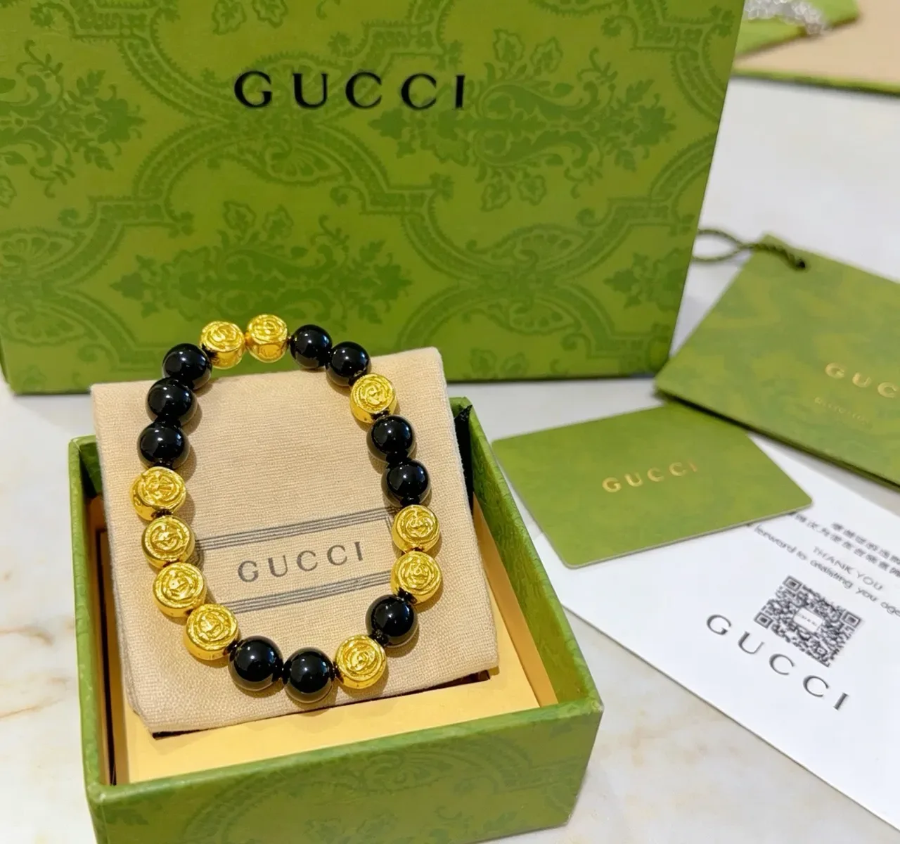 Gucci Rose Motif Black Gold Beads Polished Bracelet 5