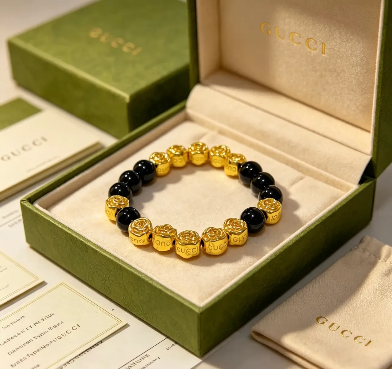 Gucci Rose Motif Black Gold Beads Polished Bracelet 7