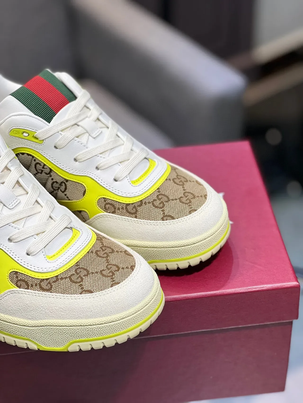 Gucci Screener Beige White Neon Yellow Lifestyle Sneakers 3
