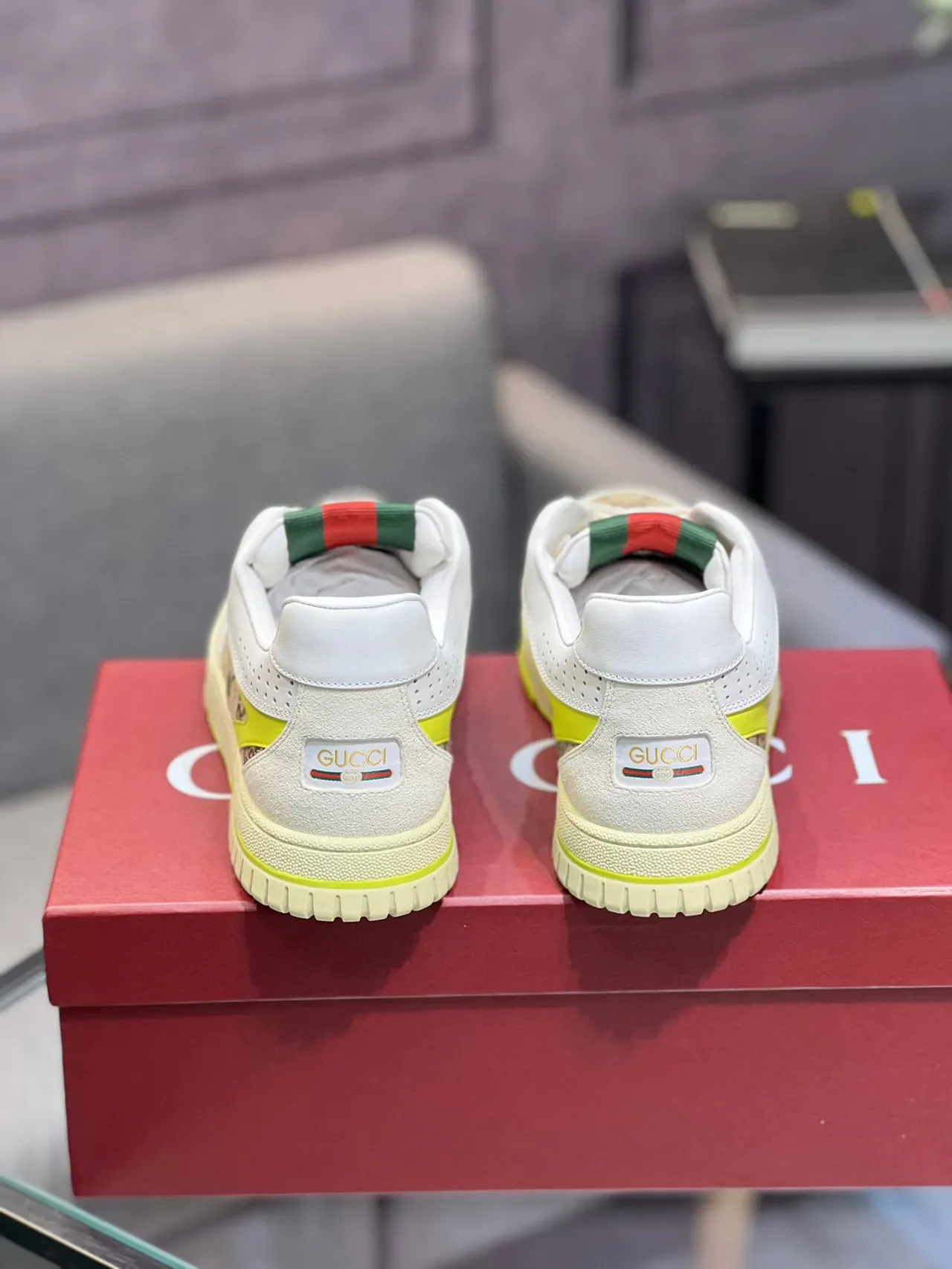 Gucci Screener Beige White Neon Yellow Lifestyle Sneakers 4