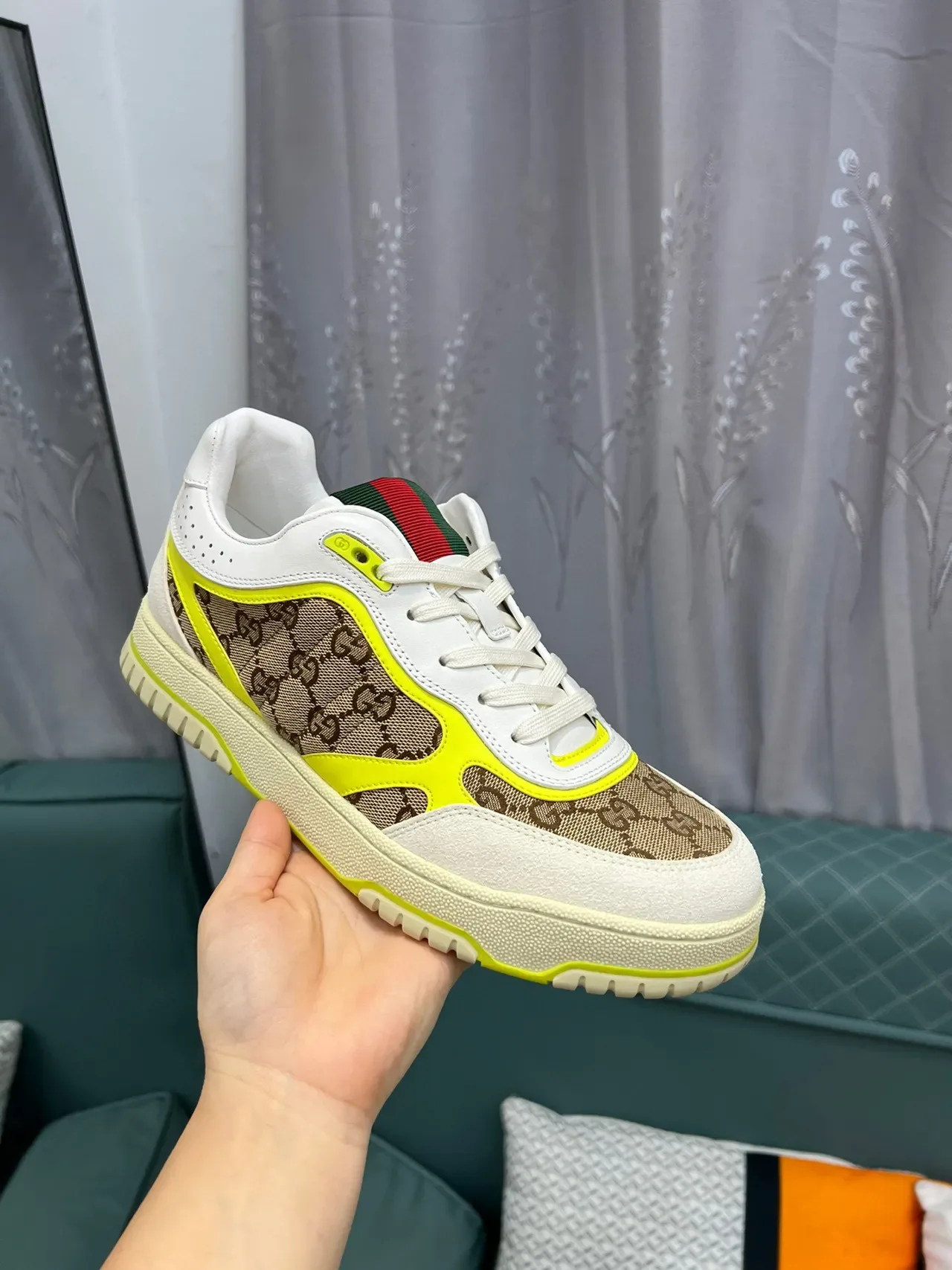 Gucci Screener Beige White Neon Yellow Lifestyle Sneakers 5