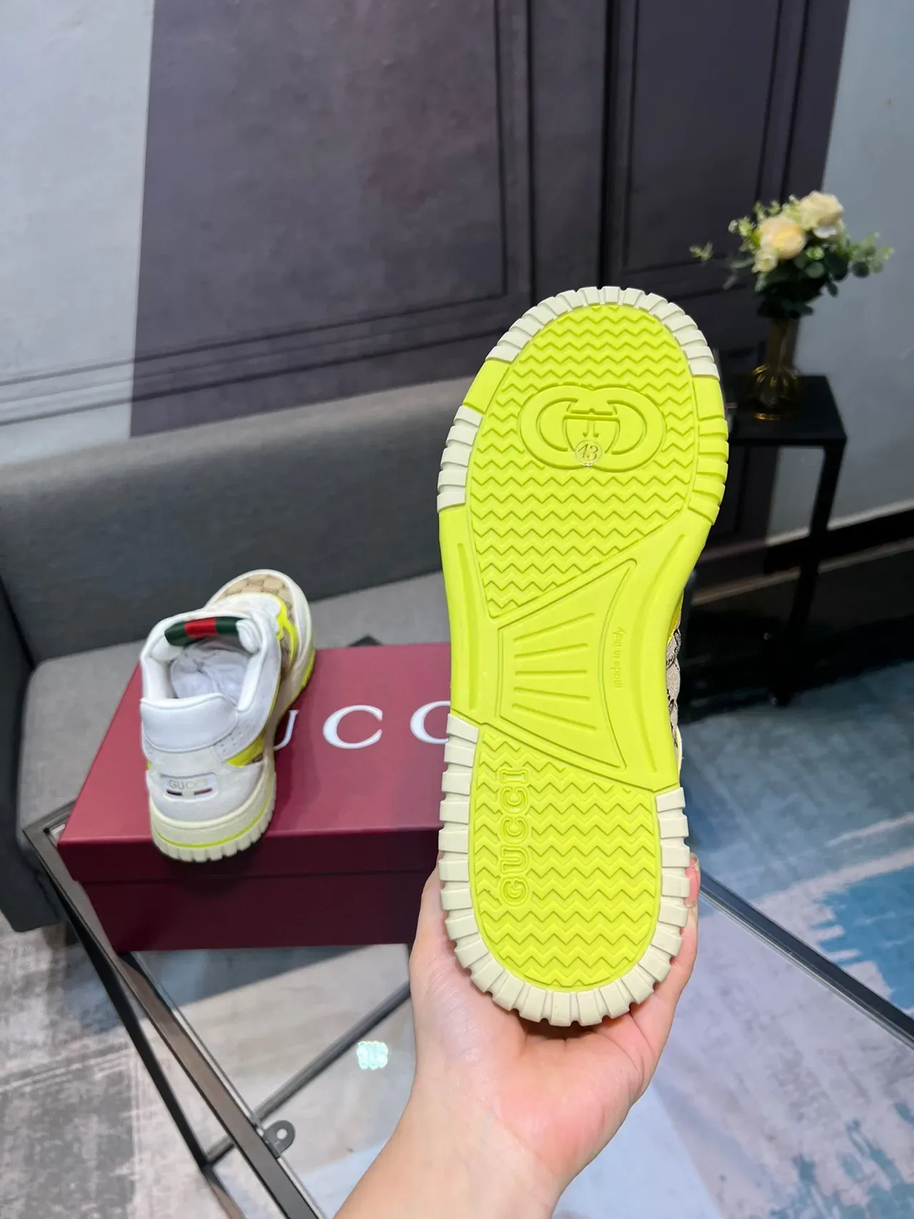 Gucci Screener Beige White Neon Yellow Lifestyle Sneakers 6
