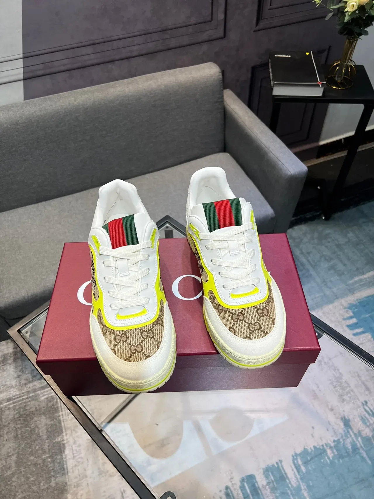 Gucci Screener Beige White Neon Yellow Lifestyle Sneakers 7