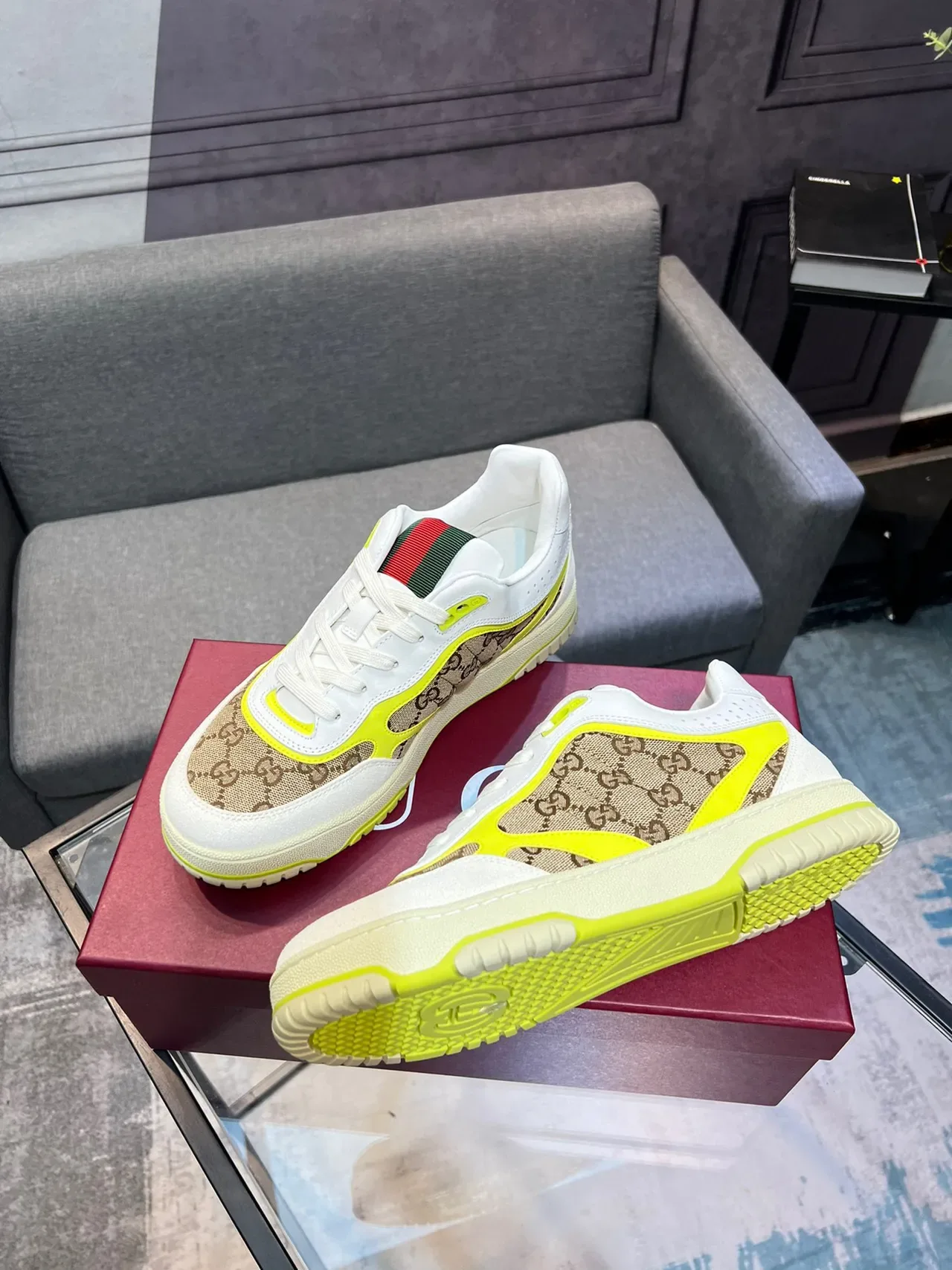 Gucci Screener Beige White Neon Yellow Lifestyle Sneakers 8