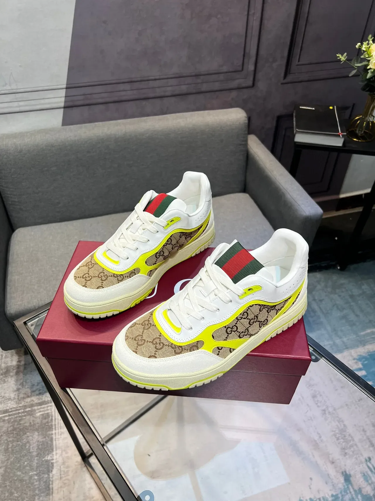 Gucci Screener Beige White Neon Yellow Lifestyle Sneakers 9