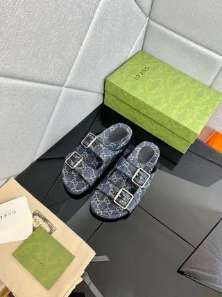 Gucci Screener GG Monogram Denim Azul Sandálias Casual 5