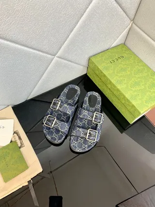Gucci Screener GG Monogram Denim Azul Sandálias Casual 8