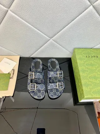 Gucci Screener GG Monogram Denim Azul Sandálias Casual 9