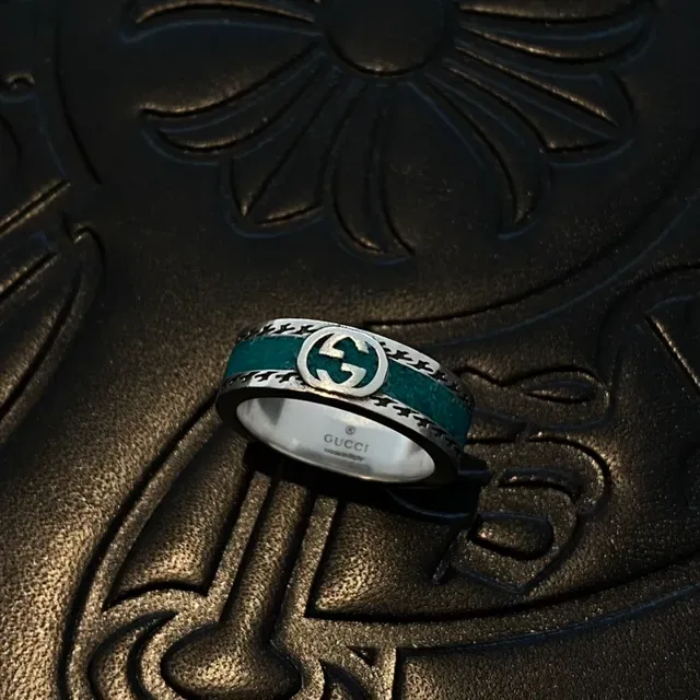 Gucci Screener Interlocking G Teal Enamel Ring 2