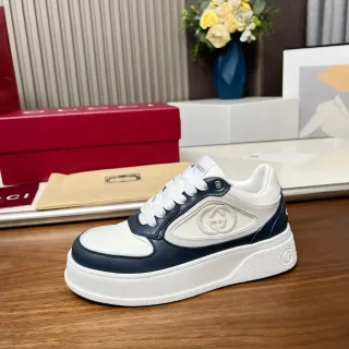 Gucci Screener-Style White and Navy Leather Platform Lifestyle Sneakers