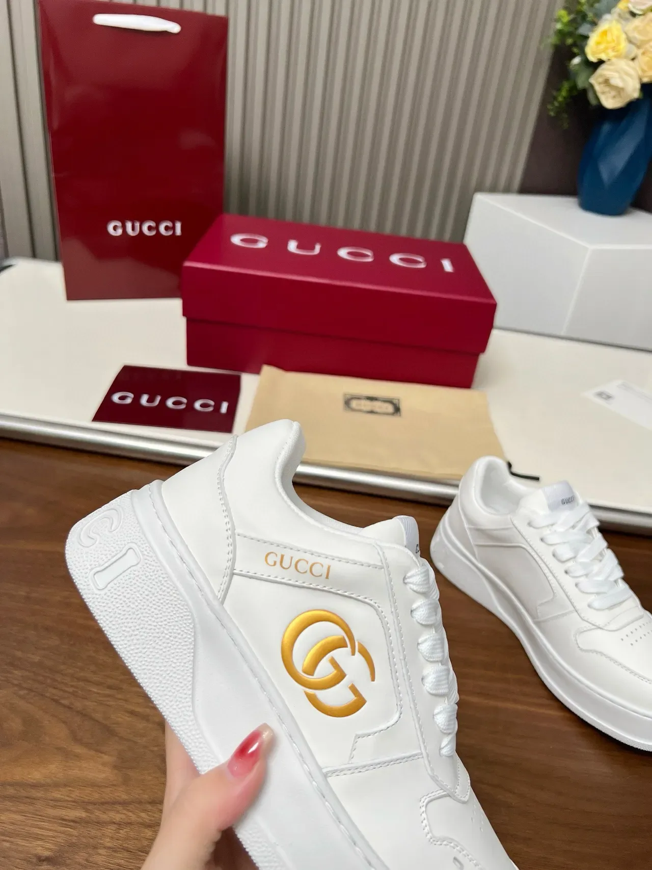 Gucci Screener White Gold Leather Interlocking GG Logo Lifestyle Sneakers 2