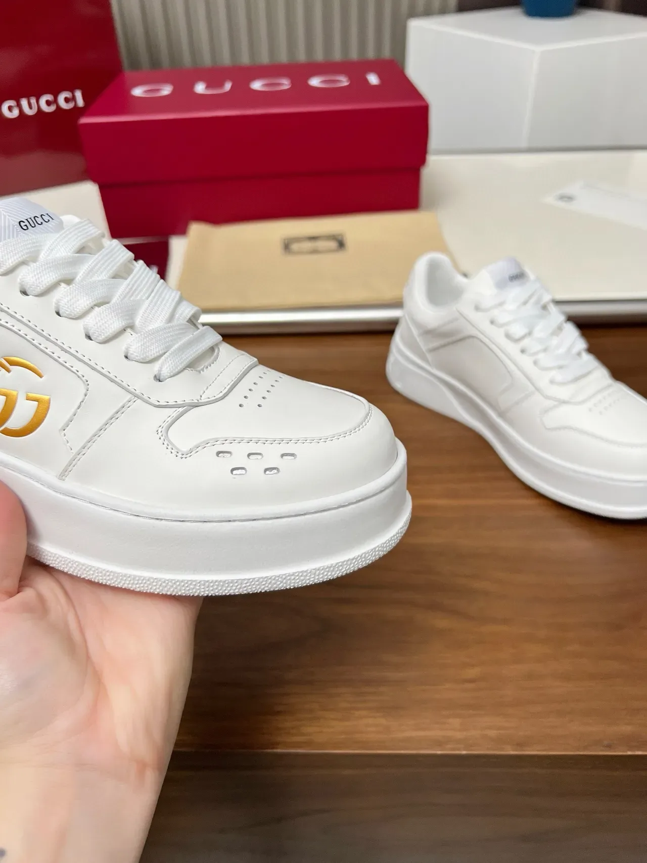Gucci Screener White Gold Leather Interlocking GG Logo Lifestyle Sneakers 3