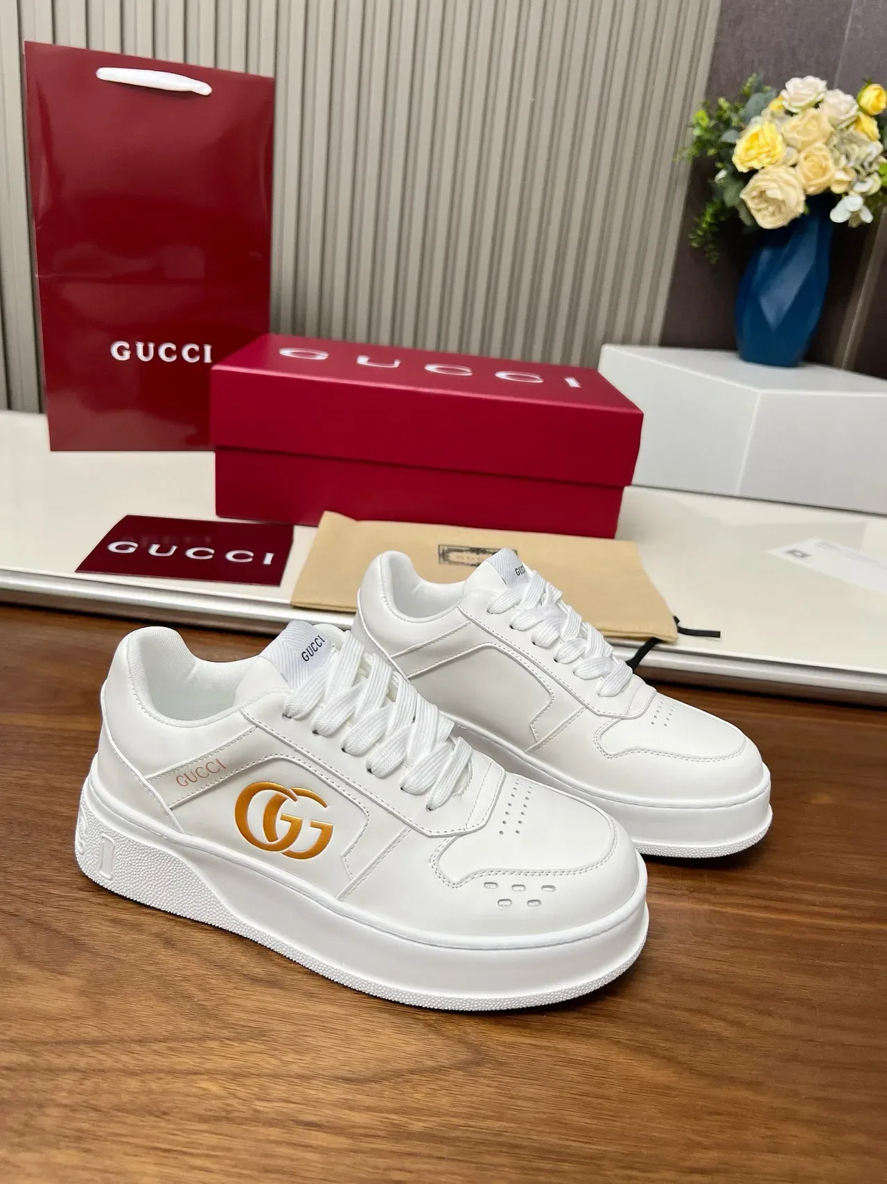 Gucci Screener White Gold Leather Interlocking GG Logo Lifestyle Sneakers 4