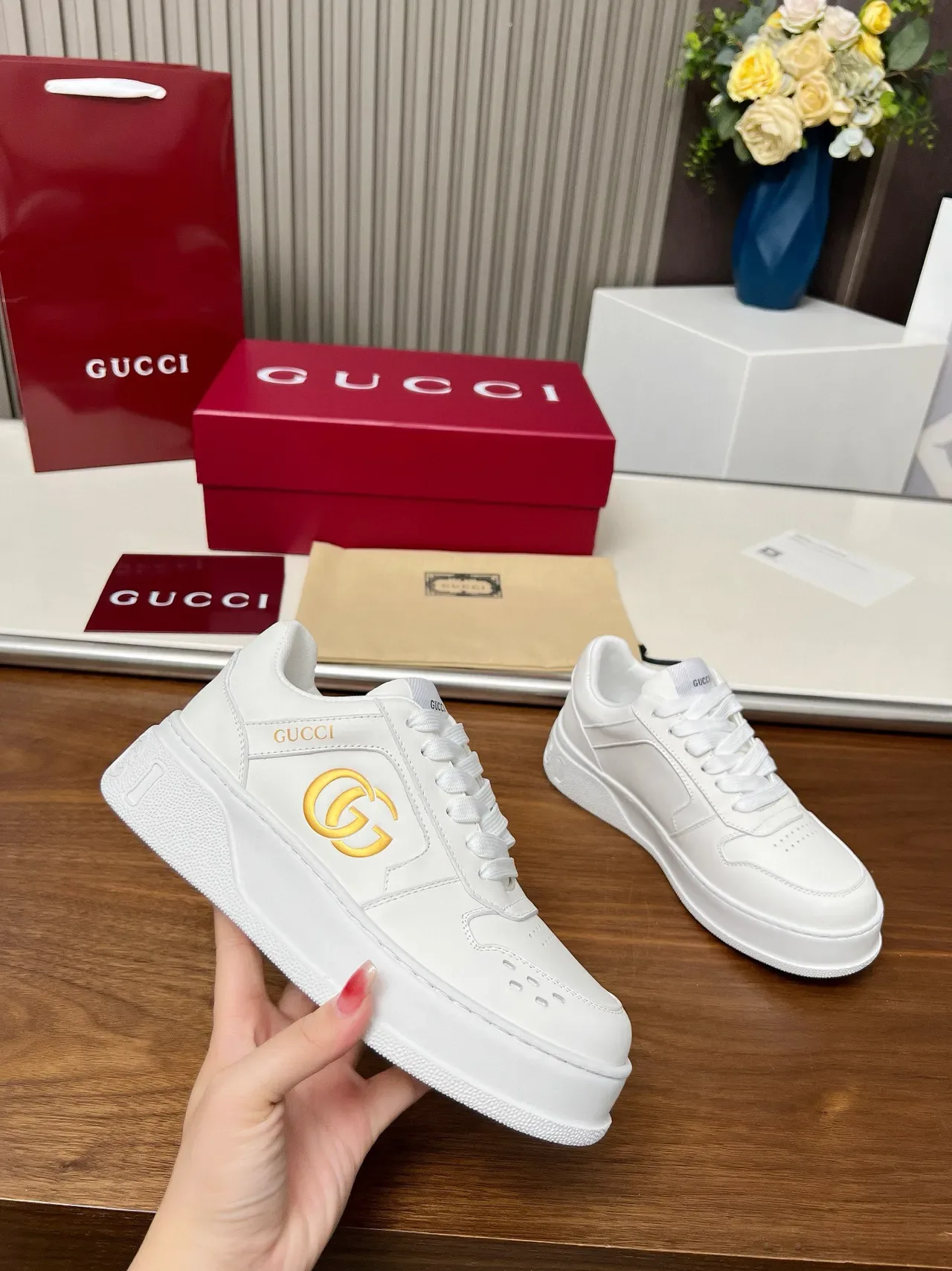 Gucci Screener White Gold Leather Interlocking GG Logo Lifestyle Sneakers 5
