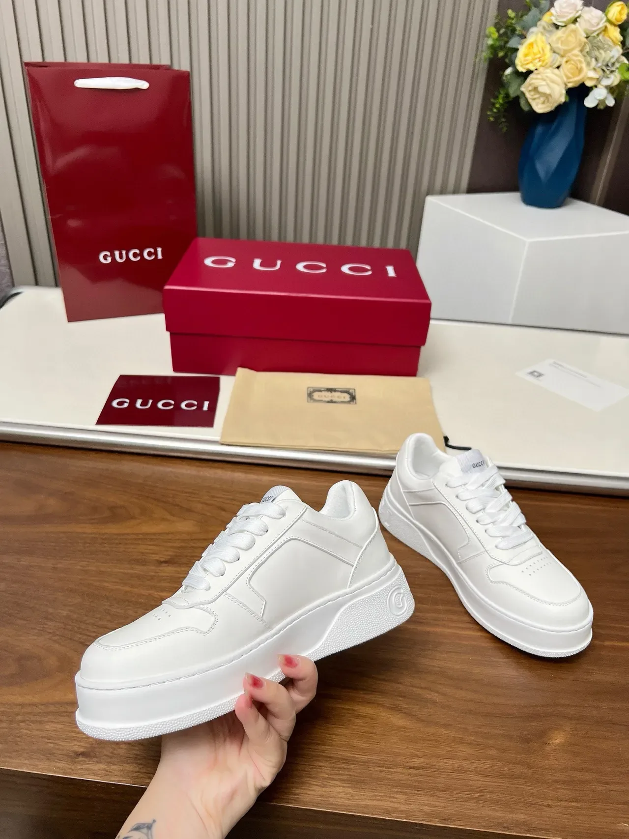 Gucci Screener White Gold Leather Interlocking GG Logo Lifestyle Sneakers 6