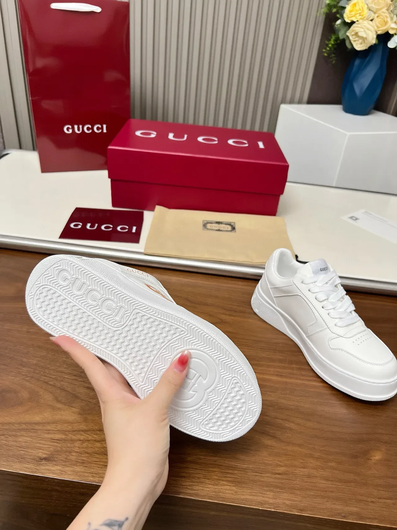 Gucci Screener White Gold Leather Interlocking GG Logo Lifestyle Sneakers 7