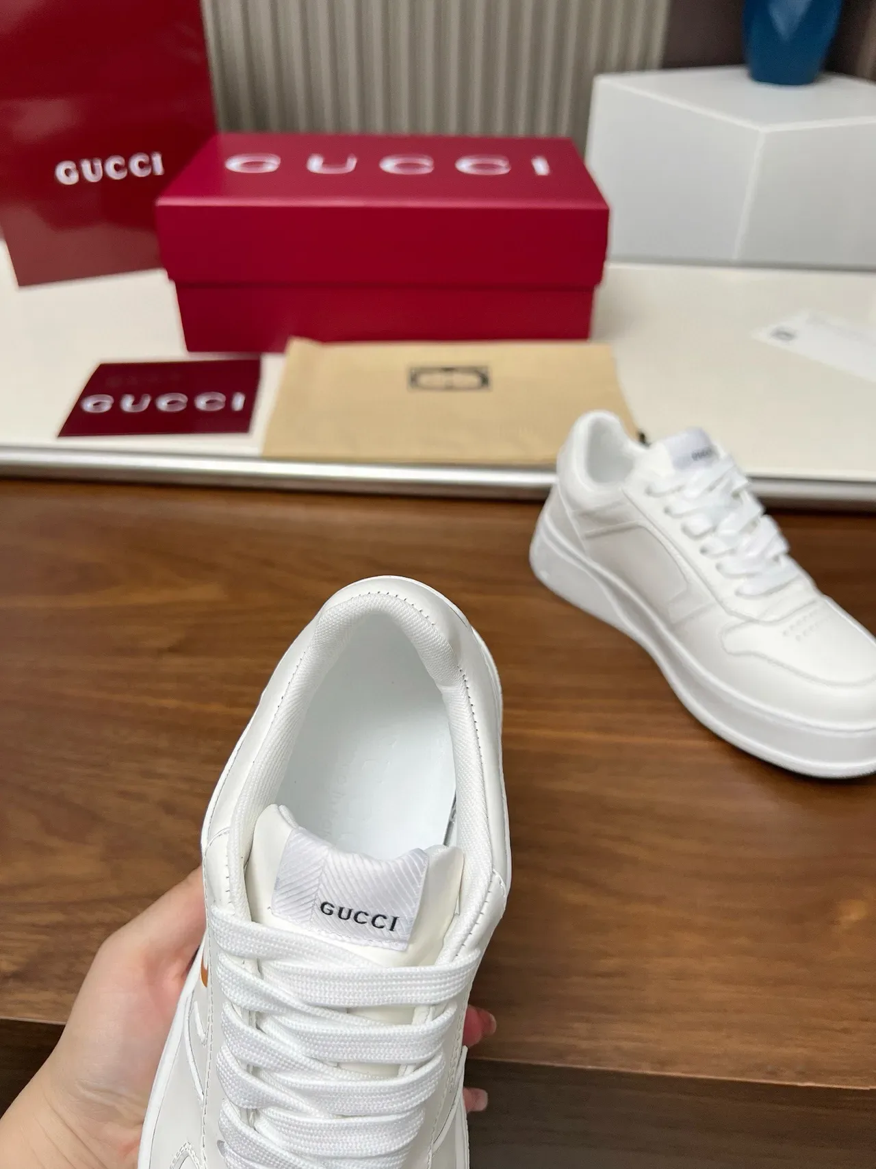 Gucci Screener White Gold Leather Interlocking GG Logo Lifestyle Sneakers 8