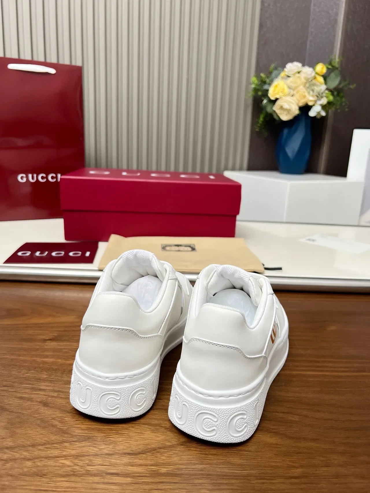 Gucci Screener White Gold Leather Interlocking GG Logo Lifestyle Sneakers 9