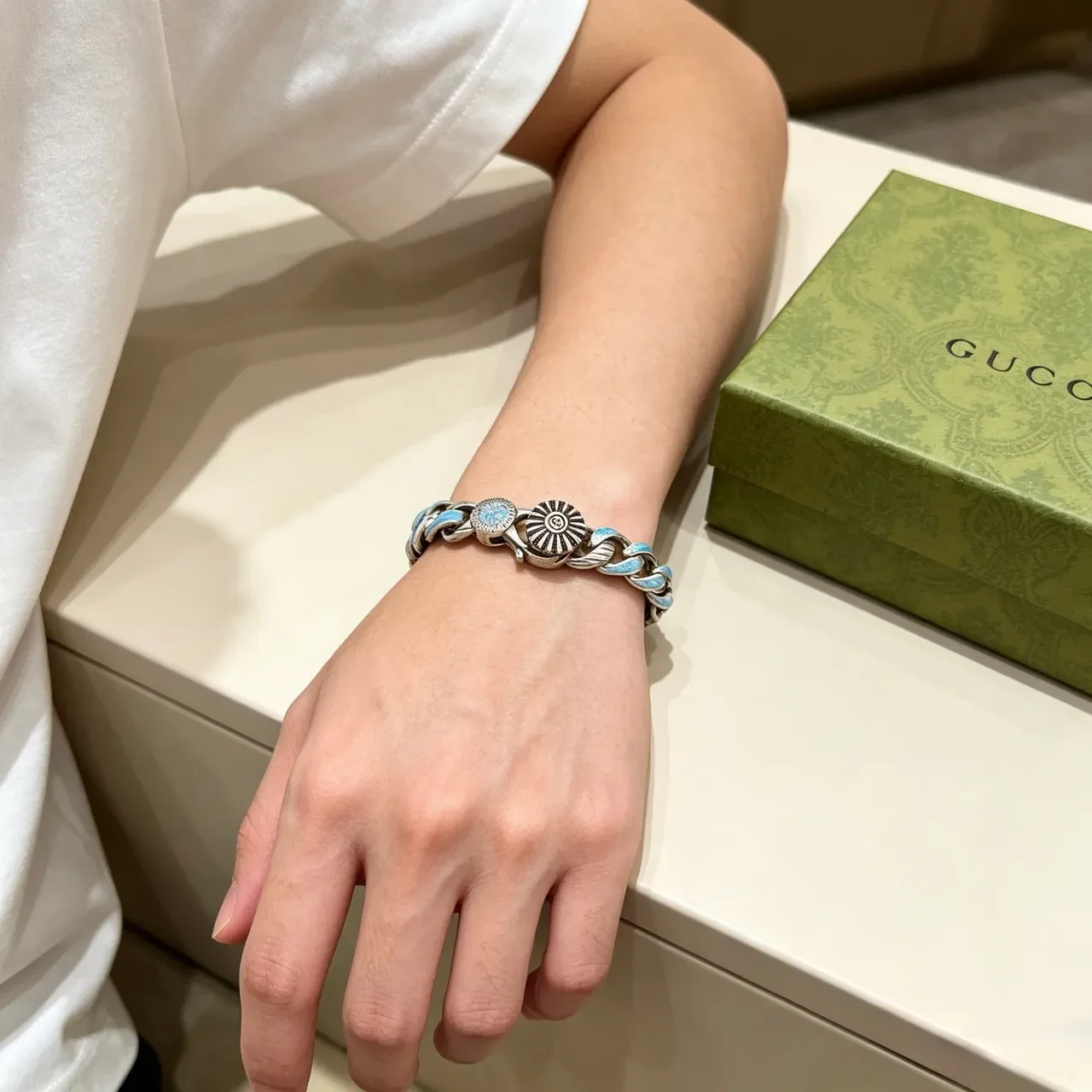 Gucci Silver Blue Chunky Curb Chain Enamel Inlay Bracelet 2