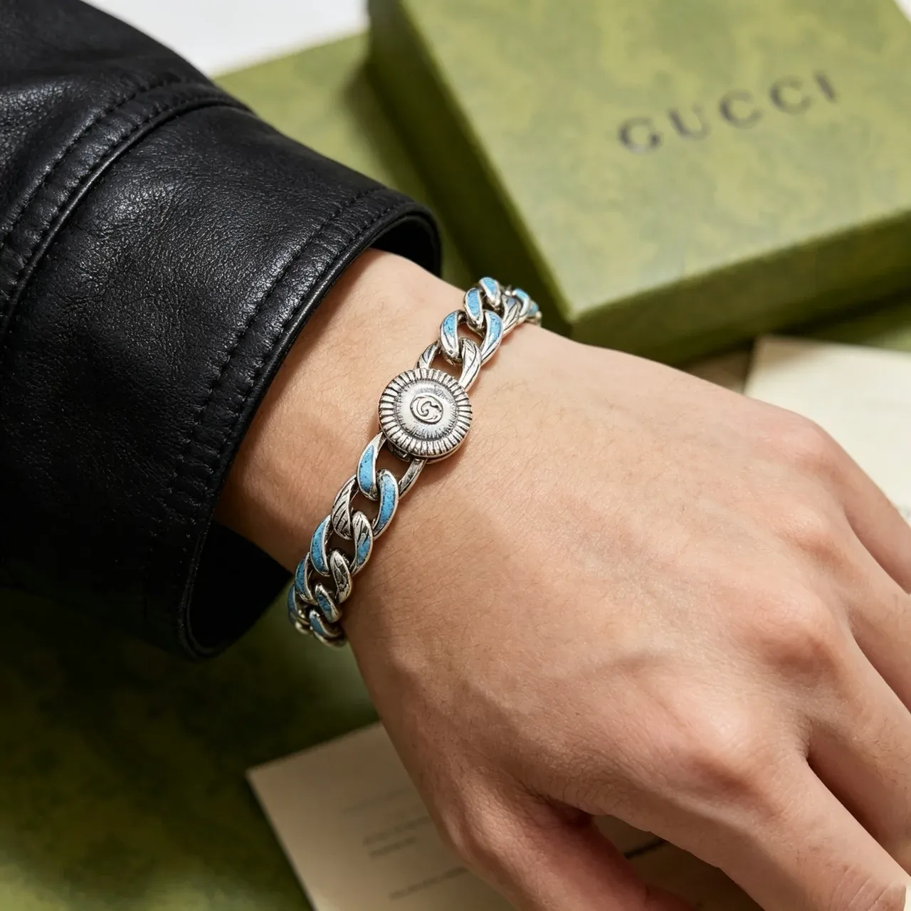 Gucci Silver Blue Chunky Curb Chain Enamel Inlay Bracelet 3