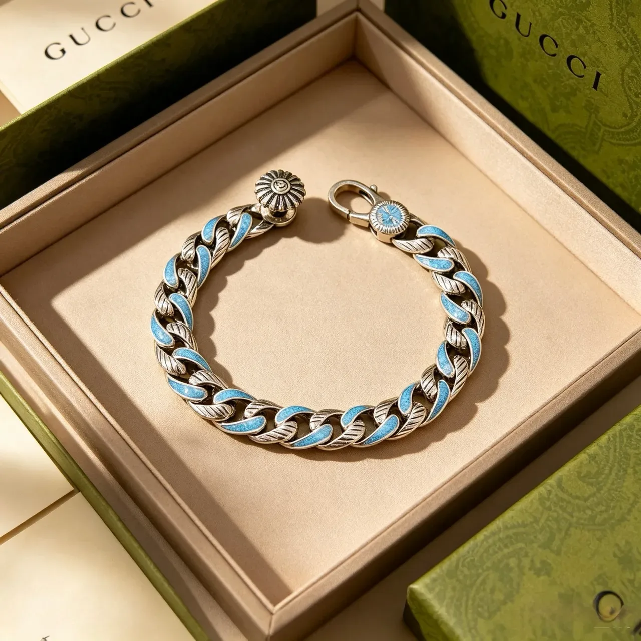 Gucci Silver Blue Chunky Curb Chain Enamel Inlay Bracelet 4