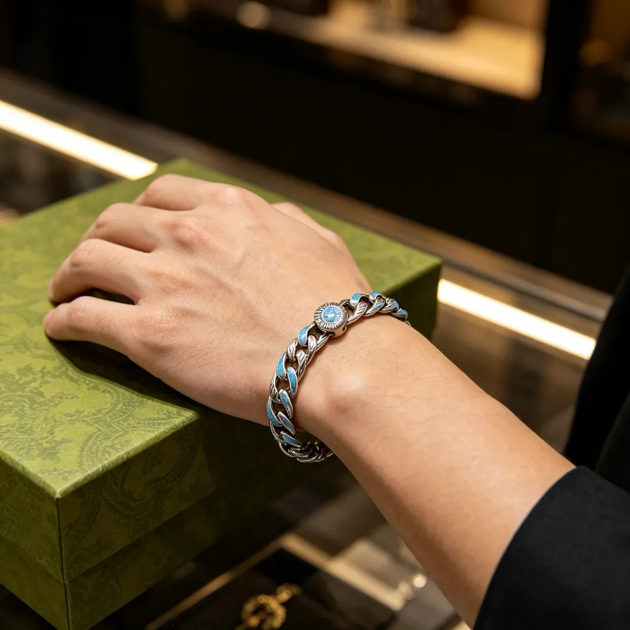 Gucci Silver Blue Chunky Curb Chain Enamel Inlay Bracelet 5