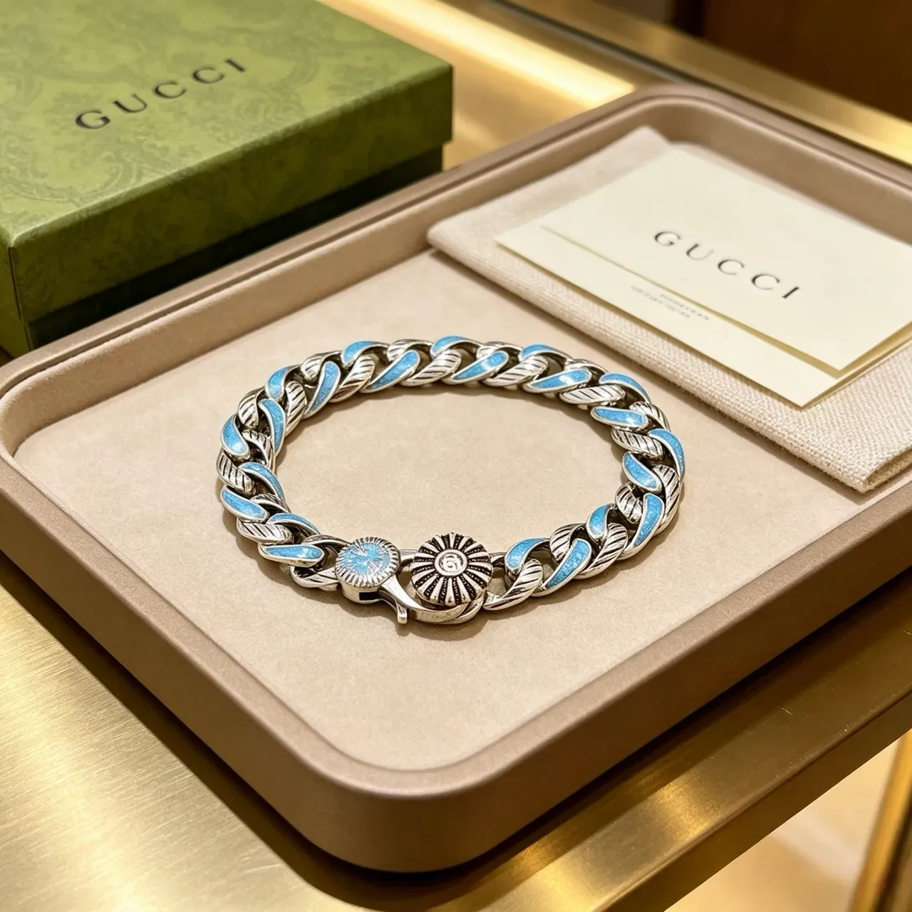 Gucci Silver Blue Chunky Curb Chain Enamel Inlay Bracelet 6