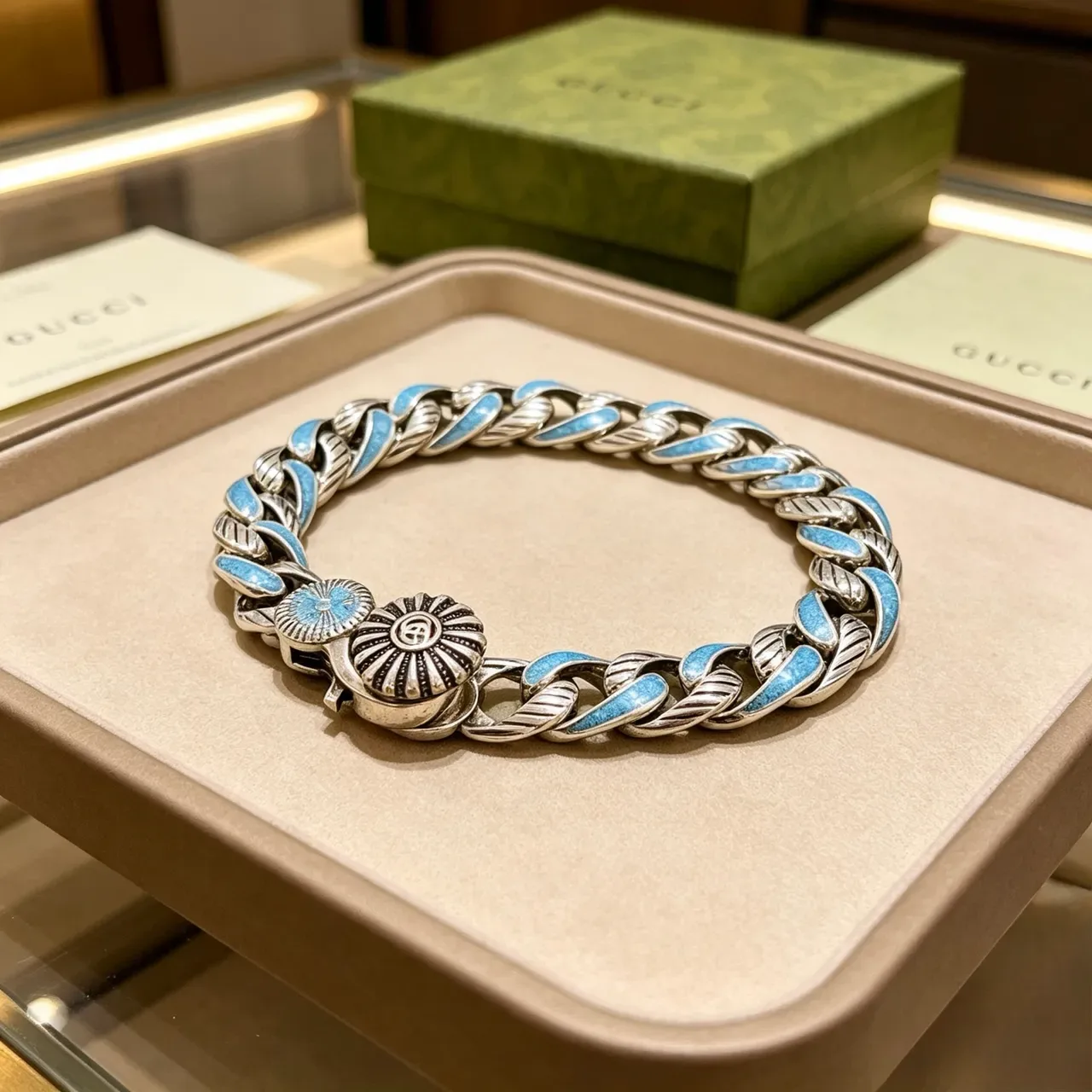 Gucci Silver Blue Chunky Curb Chain Enamel Inlay Bracelet 7