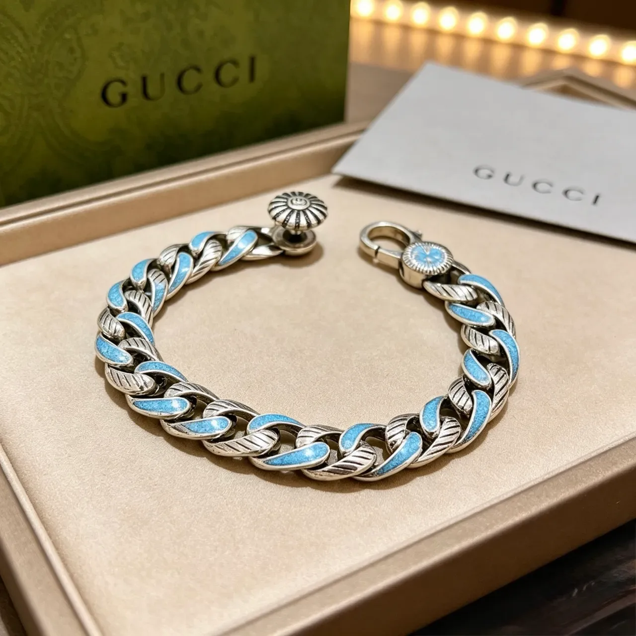 Gucci Silver Blue Chunky Curb Chain Enamel Inlay Bracelet 9