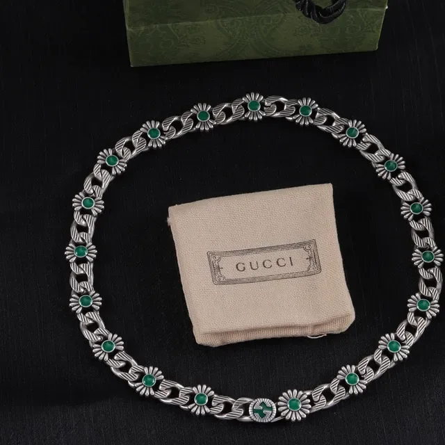 Gucci Silver Gold Floral-Link Chain Cabochon-Set Green Stones Necklace 3