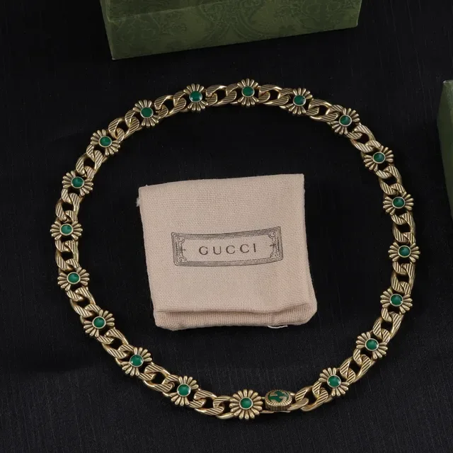 Gucci Silver Gold Floral-Link Chain Cabochon-Set Green Stones Necklace 4