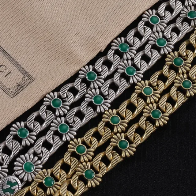 Gucci Silver Gold Floral-Link Chain Cabochon-Set Green Stones Necklace 6
