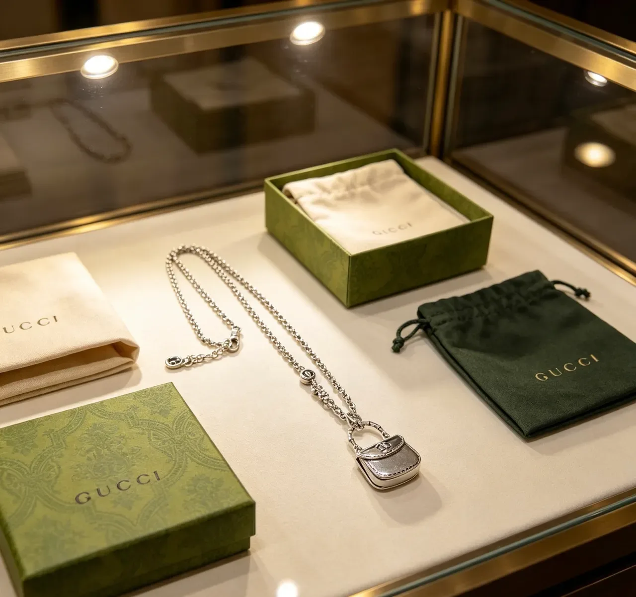 Gucci Silver Green Chain Miniature Handbag Pendant Necklace 4