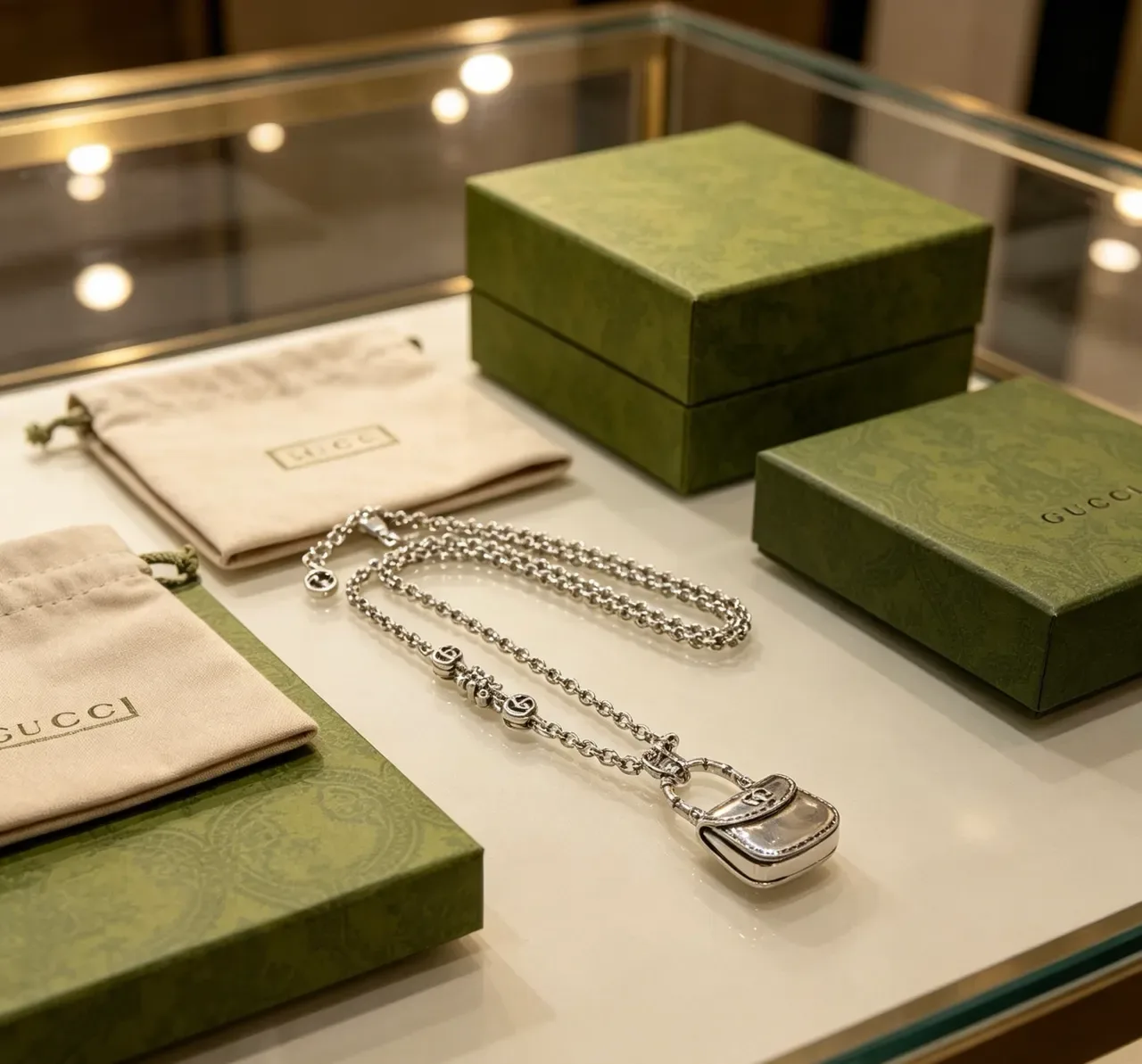 Gucci Silver Green Chain Miniature Handbag Pendant Necklace 5