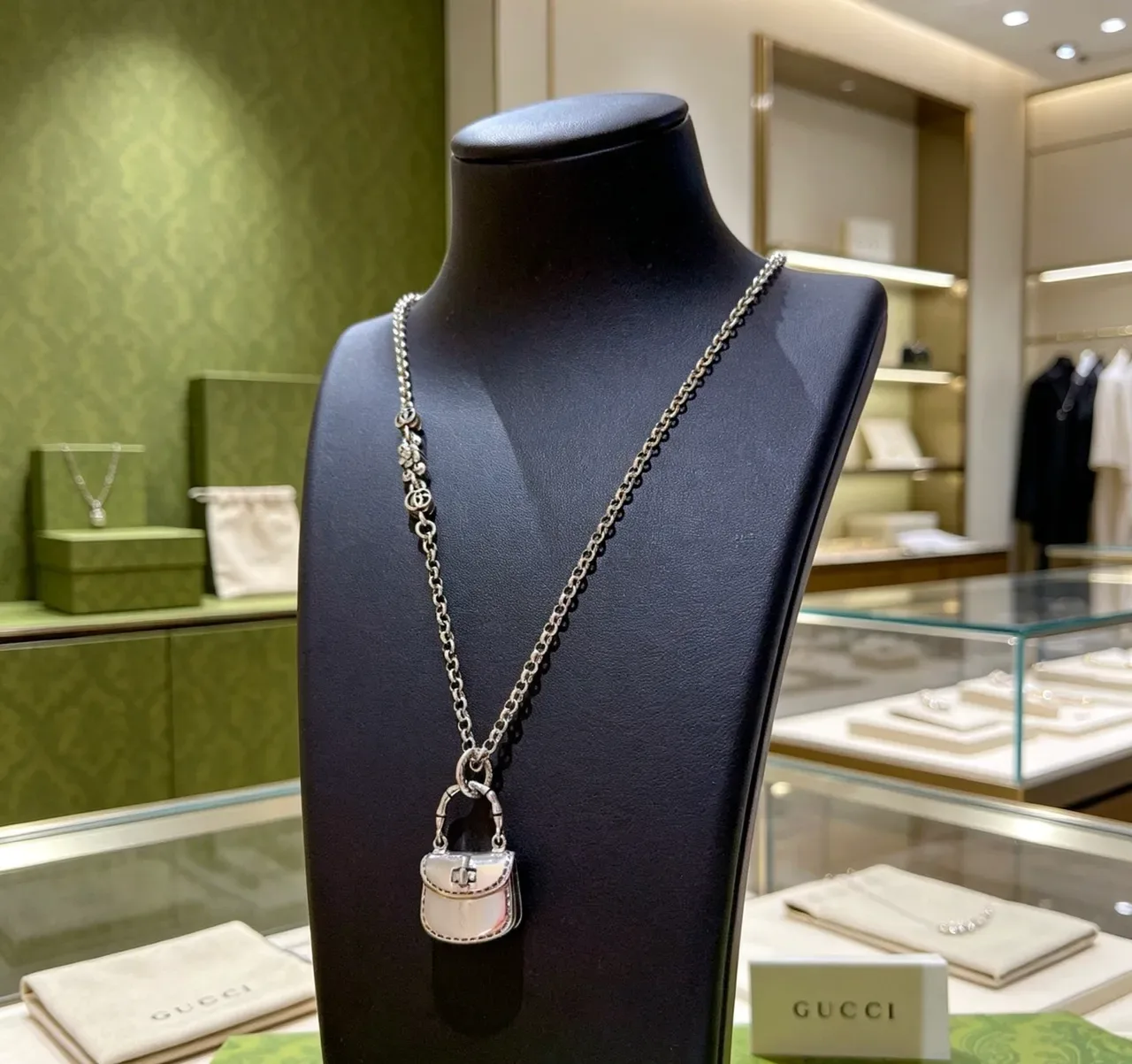 Gucci Silver Green Chain Miniature Handbag Pendant Necklace 7