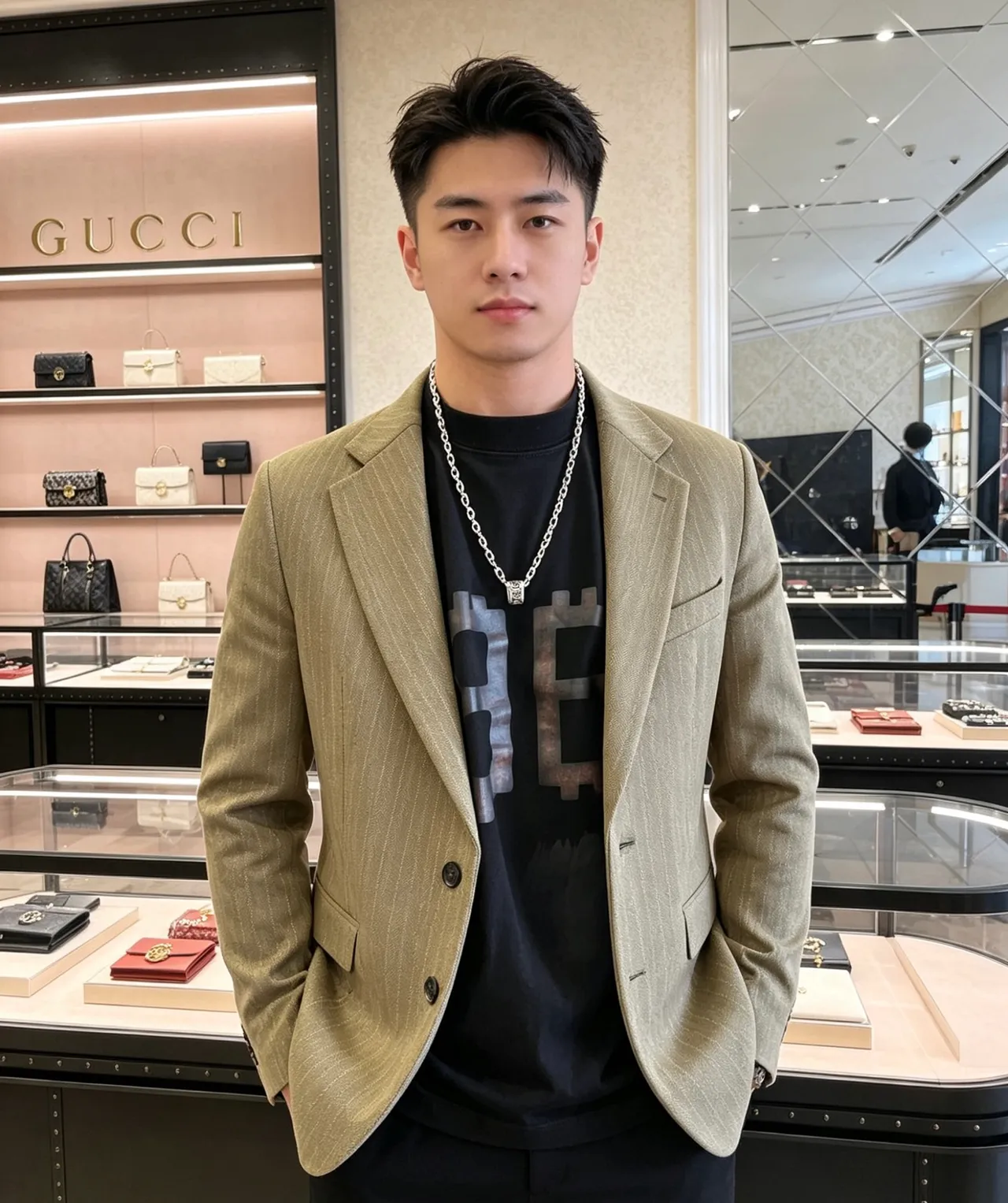 Gucci Silver Green Heavy Oxidized-Link Chain Engraved Interlocking GG Pendant Necklace 2
