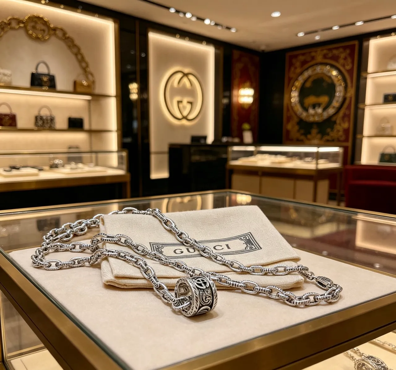 Gucci Silver Green Heavy Oxidized-Link Chain Engraved Interlocking GG Pendant Necklace 3