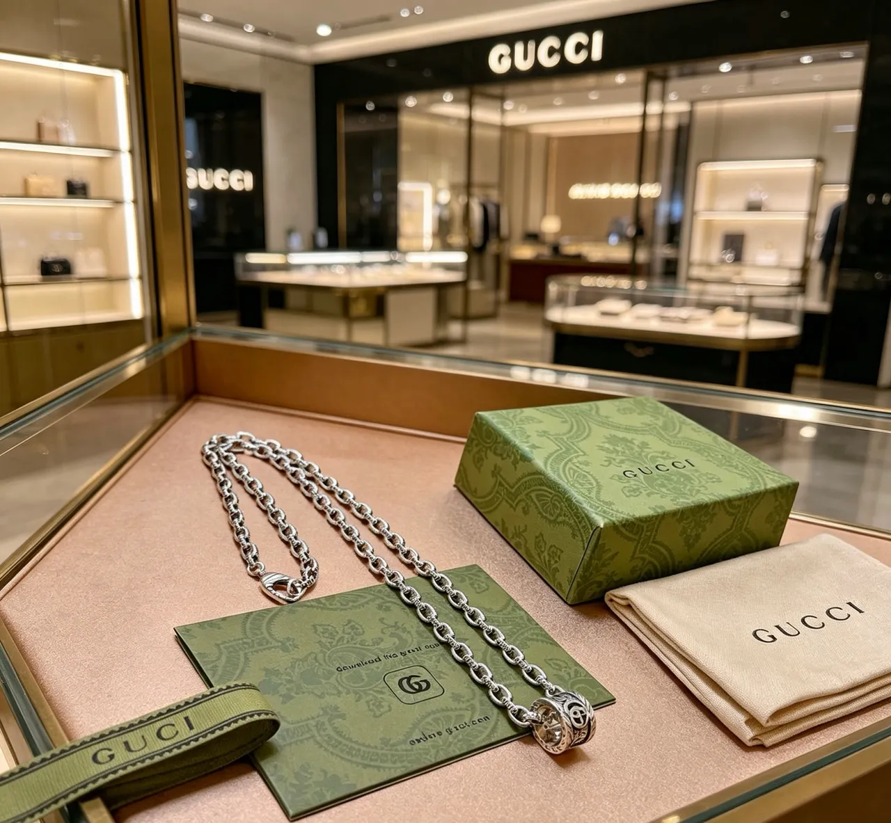 Gucci Silver Green Heavy Oxidized-Link Chain Engraved Interlocking GG Pendant Necklace 5