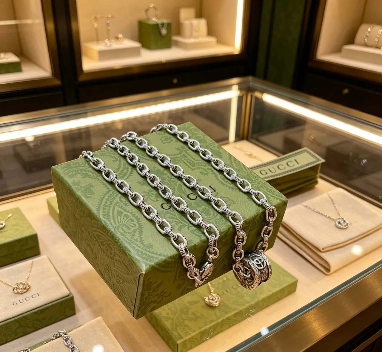 Gucci Silver Green Heavy Oxidized-Link Chain Engraved Interlocking GG Pendant Necklace 7