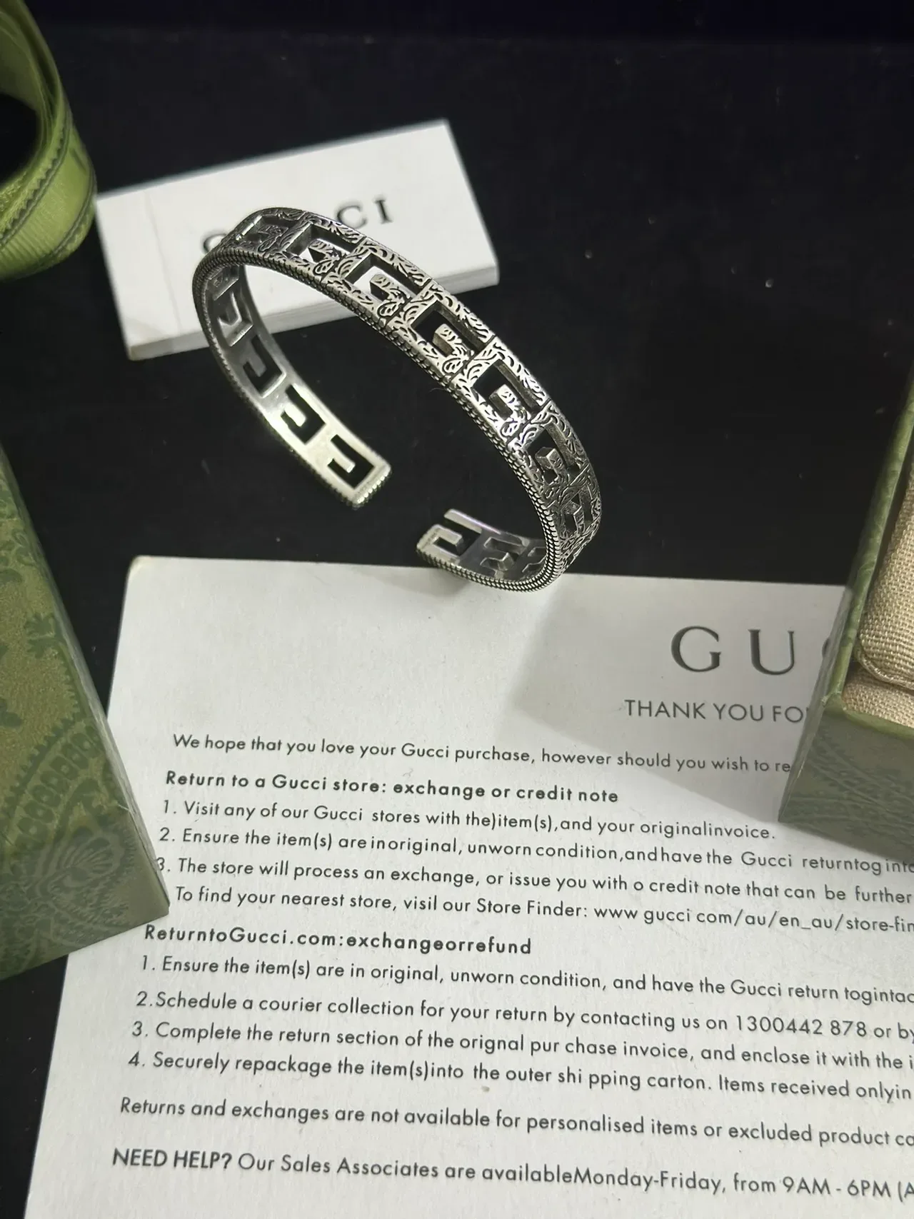 Gucci Silver Green Open Cuff Greek Key Motif Bracelet 2