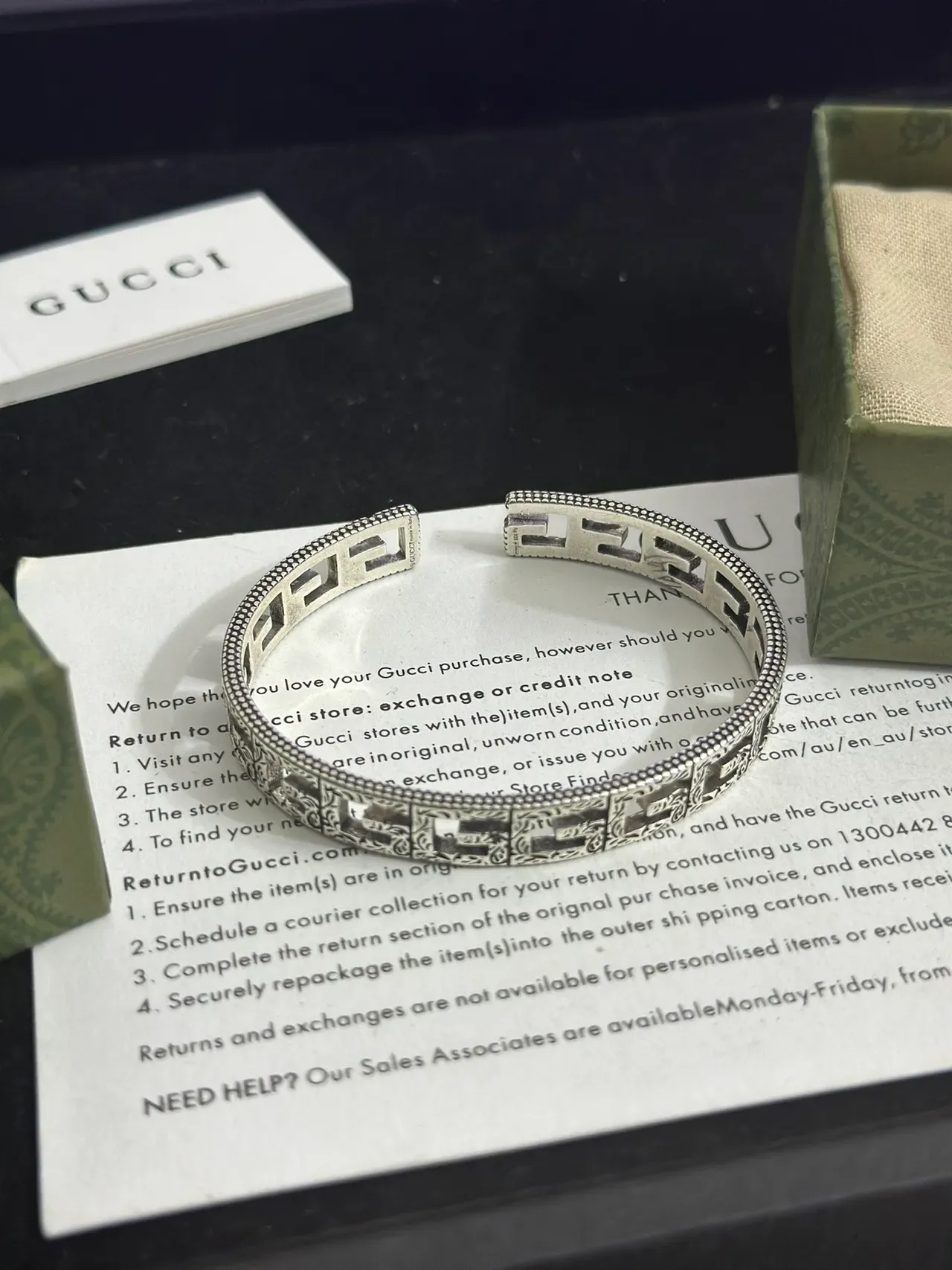 Gucci Silver Green Open Cuff Greek Key Motif Bracelet 3