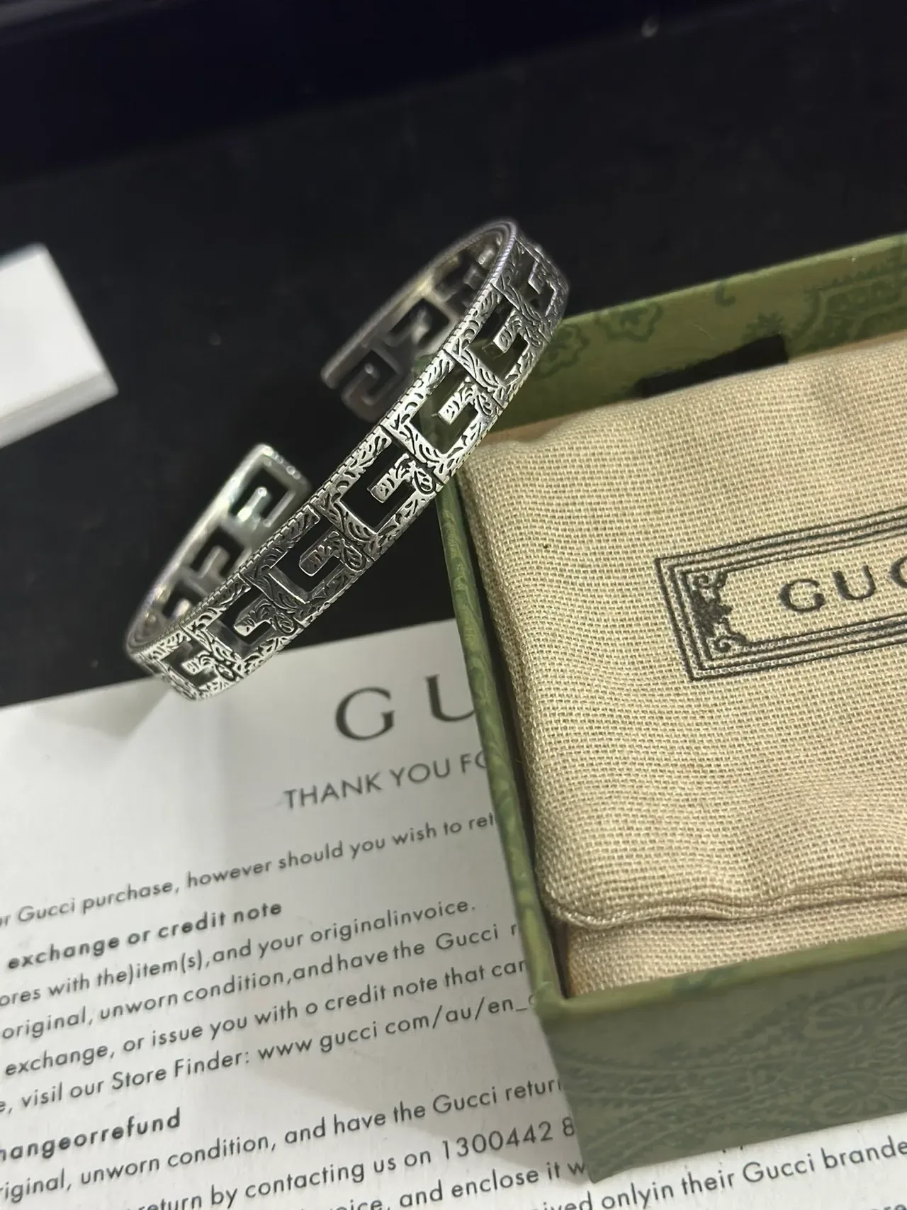 Gucci Silver Green Open Cuff Greek Key Motif Bracelet 4