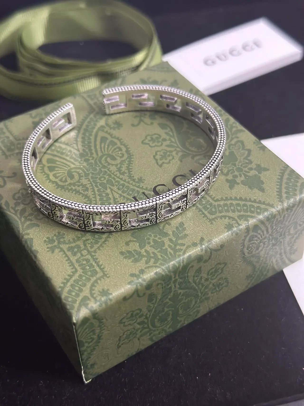 Gucci Silver Green Open Cuff Greek Key Motif Bracelet 5