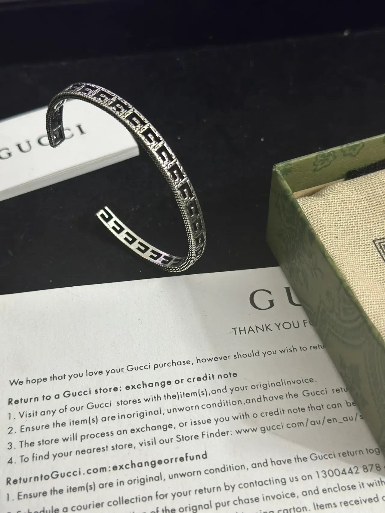 Gucci Silver Green Open Cuff Greek Key Motif Bracelet 7