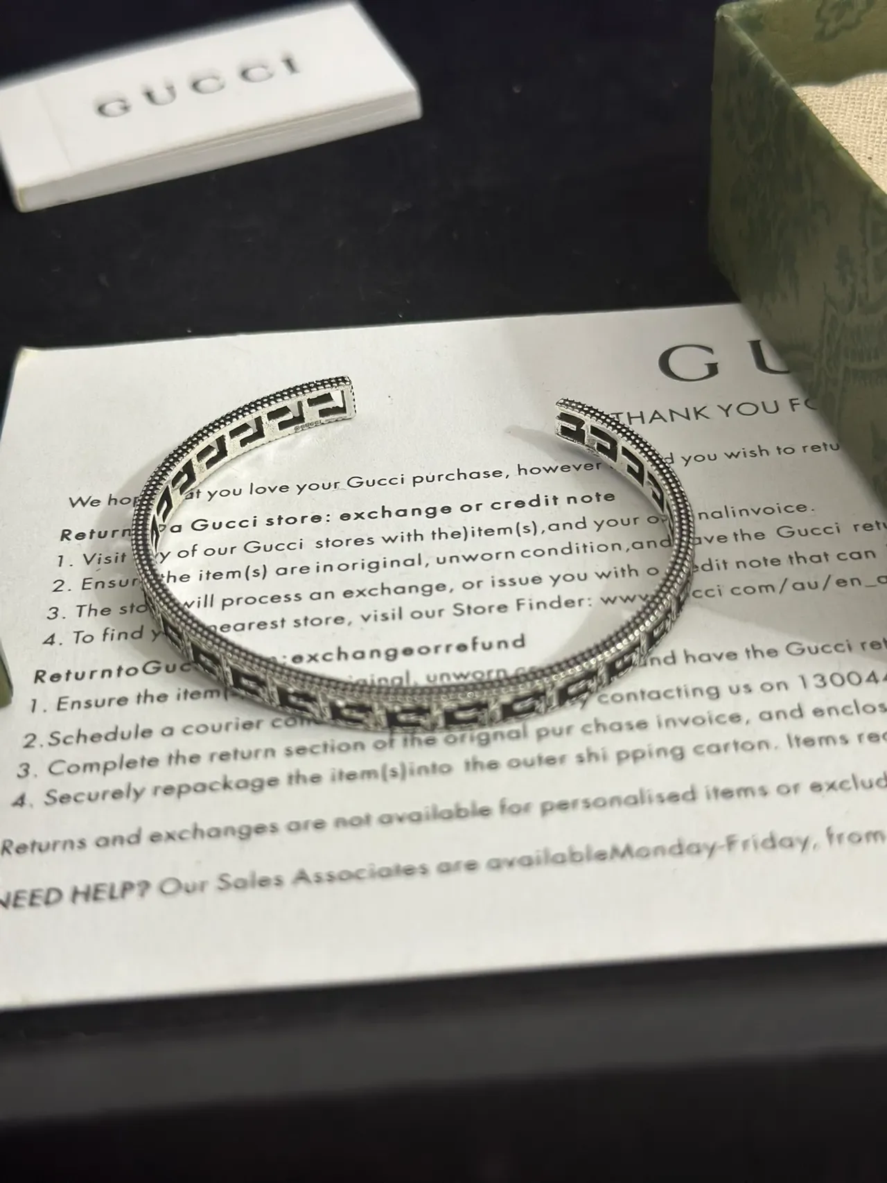 Gucci Silver Green Open Cuff Greek Key Motif Bracelet 8