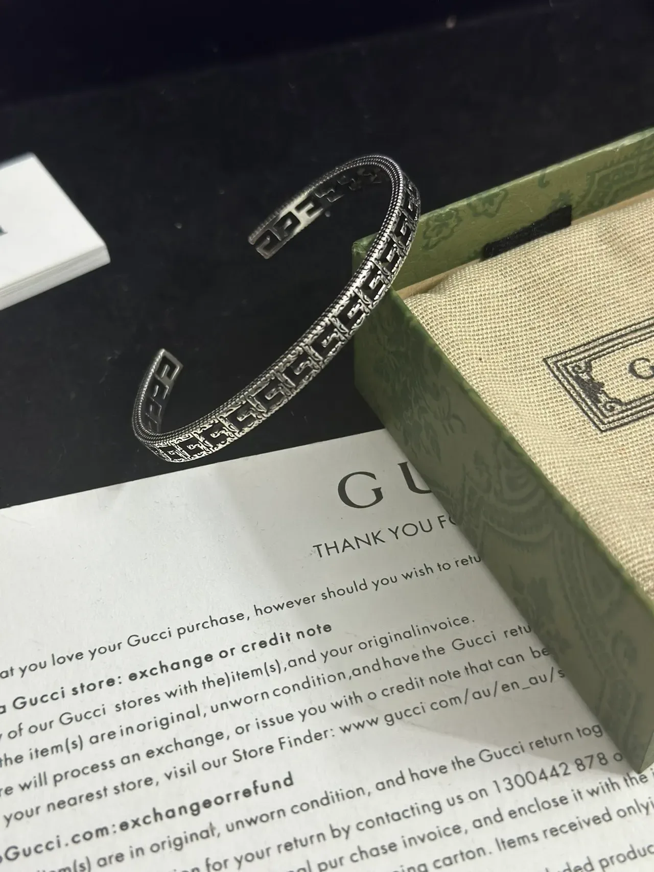 Gucci Silver Green Open Cuff Greek Key Motif Bracelet 9