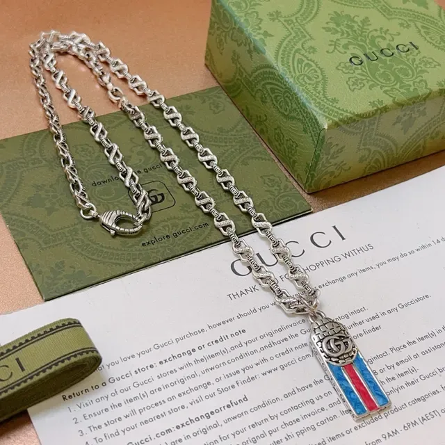 Gucci Silver Multicolor Twisted-Link Chain Rectangular Enamel Pendant Necklace 1