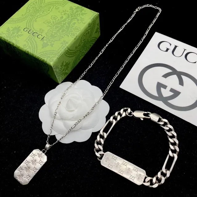 Gucci Silver White Engraved GG Monogram Necklace 6